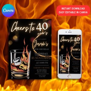 Whiskey Birthday Invitation, Surprise Party Adult, 30th 40th 50th Any Age, Cognac Scotch Liquor, Canva Editable Adult Men Birthday Invite
