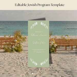 May include: A green wedding programme template with white floral accents. The text reads "Wedding of Olivia Levine and Julian Cohen".
