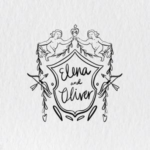 May include: Black and white illustration of two cherubs holding a heart with the text "E+O" inside. The cherubs are flanking a shield with the text "Elena and Oliver" inside.