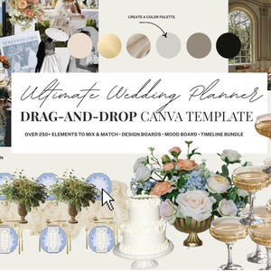 Plantilla de Canva de arrastrar y soltar para planificador de bodas definitivo / Ceremonia • Recepción • Decoración de mesas • Tablero de inspiración • Cronología / Paquete / Descarga digital
