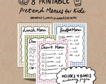 Printable PDF Pretend Play Menus for Kids – 8 Pack | Lunch, Dinner, Breakfast & Dessert | Checklists + Color-In Options | Imaginative Play