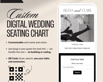 Wedding QR Seating Chart • Black & White Elegant Table Finder with Photo and Logo Option •  The Waldorf Template