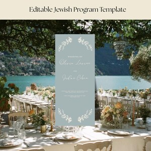 May include: A light blue wedding program template with white floral designs and the text "Editable Jewish Program Template". The program lists the names "Olivia Levine" and "Jordan Cohen". The background shows a wedding reception with a lake view.