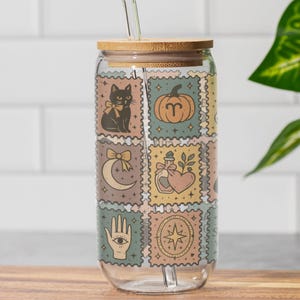 Spooky Glass Cup with Lid – Halloween Sipper Glass, Witchy Ghost Black Cat Cup, Fall Astrology Iced Coffee Glass, Moon Magic Cup Gift