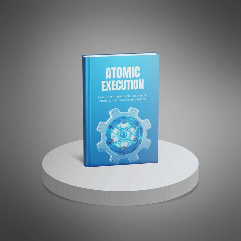 May include: A hardcover book titled "ATOMIC EXECUTION" with a blue cover. The cover features white text and a gear design with a glowing atom symbol. The book is displayed on a white, circular pedestal against a gray background.