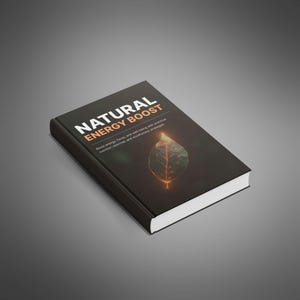 May include: A black book titled "NATURAL ENERGY BOOST" with white and orange text. The cover features a glowing leaf illustration. The book's subtitle reads "Boost energy, focus, and well-being with practical nutrition, exercise, and mindfulness strategies."