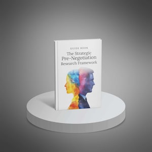 May include: A white hardback book titled "The Strategic Pre-Negotiation Research Framework" with the words "Guide Book" at the top. The cover shows two side profiles, one in colourful hues and the other in blue.