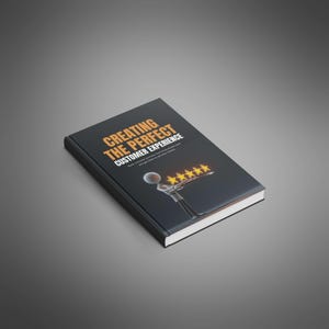 Könnte beinhalten: Ein Hardcover-Buch mit dem Titel "Creating the Perfect Customer Experience" mit orangefarbenem Text auf einem schwarzen Einband. Eine Illustration zeigt eine Strichmännchenfigur, die ein Tablett mit leuchtenden goldenen Sternen hält. Das Buch liegt auf einer grauen Oberfläche.