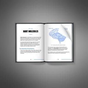 May include: An open book with a dark gray cover, displaying two facing pages. The left page features the title "HABIT MOLECULES" and text about habit formation. The right page has a blue illustration of a brain and related text.