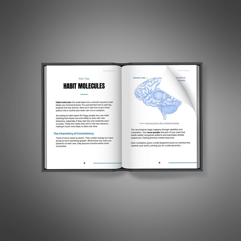 May include: An open book with a dark gray cover, displaying two facing pages. The left page features the title "HABIT MOLECULES" and text about habit formation. The right page has a blue illustration of a brain and related text.