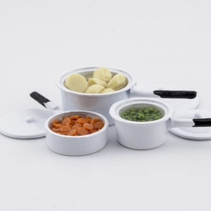 dollhouse miniature food set of vegetable pans white image 1