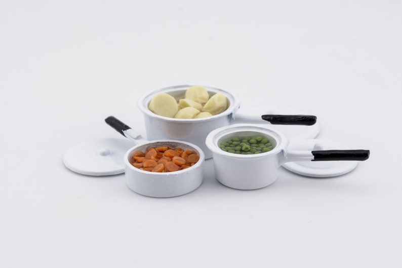 dollhouse miniature food set of vegetable pans white image 1