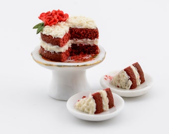 dollhouse miniature red velvet rose  cake miniature food
