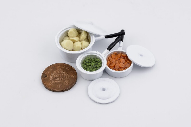 dollhouse miniature food set of vegetable pans white image 2
