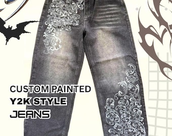 Custom painted - made to order - y2k style graphic cybersigillism streetwear jeans - read description!