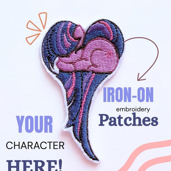 Ricamo personalizzato YCH a forma di cuore con pony addormentato, applicazione termoadesiva - Il tuo personaggio qui!