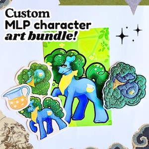 May include: A custom MLP character art bundle featuring a blue pony with green curly hair and a yellow neckerchief. The set includes a digital art print, two stickers, and an embroidered patch, all displaying the same pony character design.