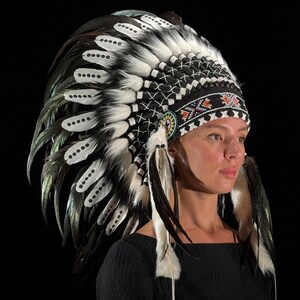 Black White Native American Headdress: Short Warbonnet (Stand Included) for Costume, Festival & Decor