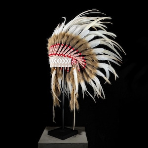 May include: A Native American headdress with white and brown feathers, red and white accents, and a decorative band. The headdress is displayed on a black stand against a black background.
