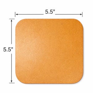 May include: A square, light brown coaster with rounded corners. The coaster measures 5.5 inches by 5.5 inches. The surface has a textured appearance.