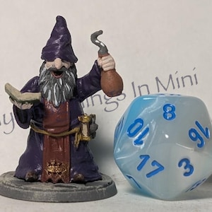May include: A miniature wizard figurine in a purple robe and hat, holding a book and a brown bottle. Next to it is a large, translucent blue and white d20 die with blue numbers. The base of the wizard is gray.