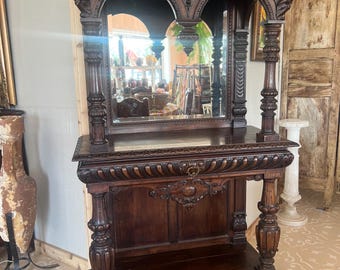 Antique French Gothic Carved Mirror-Backed Display