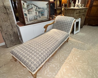 Vintage Fainting Couch | Blue Upholstered Chaise Lounge | Carved Wood Daybed
