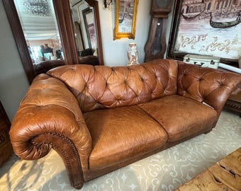 Vintage Italian Leather Chesterfield Sofa | Tufted Rolled‑Arm Couch | Old World Brown Leather