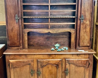 Antique Wooden Hutch – Carved Farmhouse Cabinet with Display Shelves, Storage drawers