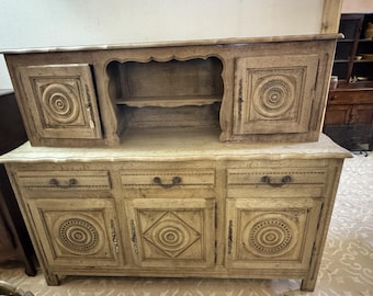 Stripped Wood Buffet & Hutch | Large Farmhouse Cabinet | European Country Sideboard