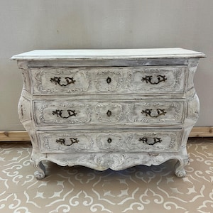 French Provincial Distressed White Commode