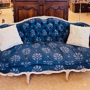 Antique Louis XV Carved Settee | Vintage Blue Floral Upholstered Sofa