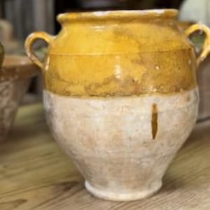 Antique French Confit Pot – Yellow Glazed Terracotta Jar with Handles, Provincial Farmhouse Decor