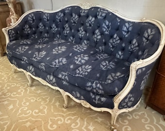 Antique Louis XV Sofa | Vintage Blue Upholstered Sofa | French Provincial Furniture | Carved French Settee
