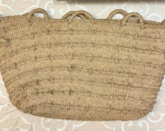 Handwoven Natural Fiber Basket • Rustic Farmhouse Storage Tote • Coastal Cottage Style