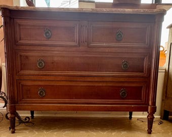 Vintage Marble‑Top Commode | Solid Wood Dresser | Vintage French Chest of Drawers