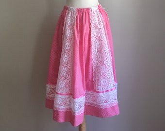 Vintage Pink Prairie Skirt - circle skirt - lace and polka dot - rockabilly - cottage core - M L