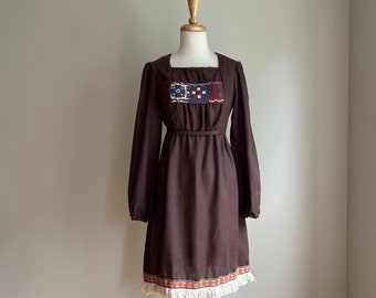 Vintage 70s Brown Embroidered Fringe Prairie Dress - bohemian folk style - empire waist - Rae Dolls - S M