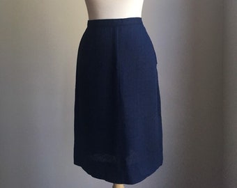 Vintage 70s Blue Secretary Skirt - knee length - high waist - straight - 30 waist - Medium