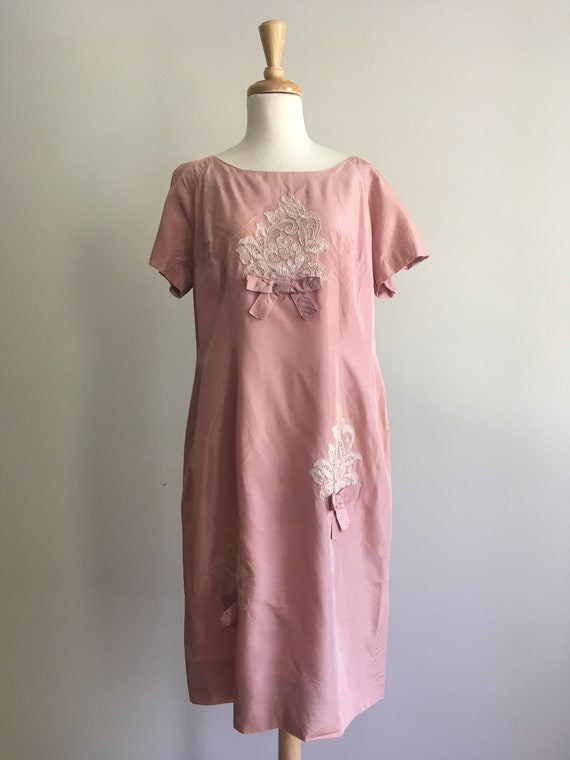 Vintage 50s Party Dress - silk shift - mauve - be… - image 2