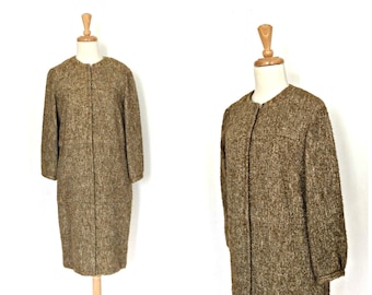 1950s Dress - 50s coat dress - 50s shirtwaist - wool dress - boucle - brown dress - midi - Anne Klein - Medium Large