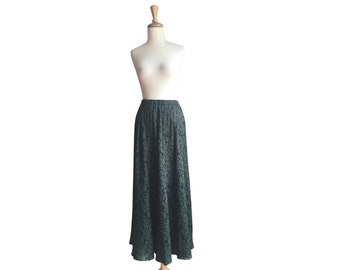 Vintage Green Floral Maxi Skirt - elastic waist - high waist - aline - boho- Zelda - S M