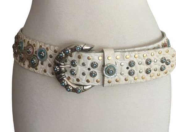 Vintage Western Belt White Leather Studded Beaded Belt | Etsy