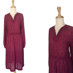 Vintage Abstract Blouson Dress - semi sheer - midi - elastic waist - M L