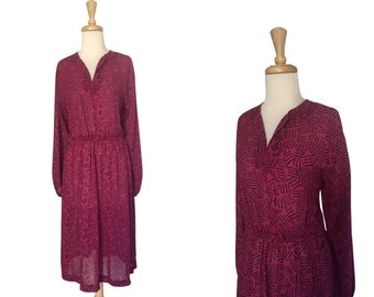 Vintage 1980s Dress - secretary - blouson - semi sheer - midi - elastic waist - M L