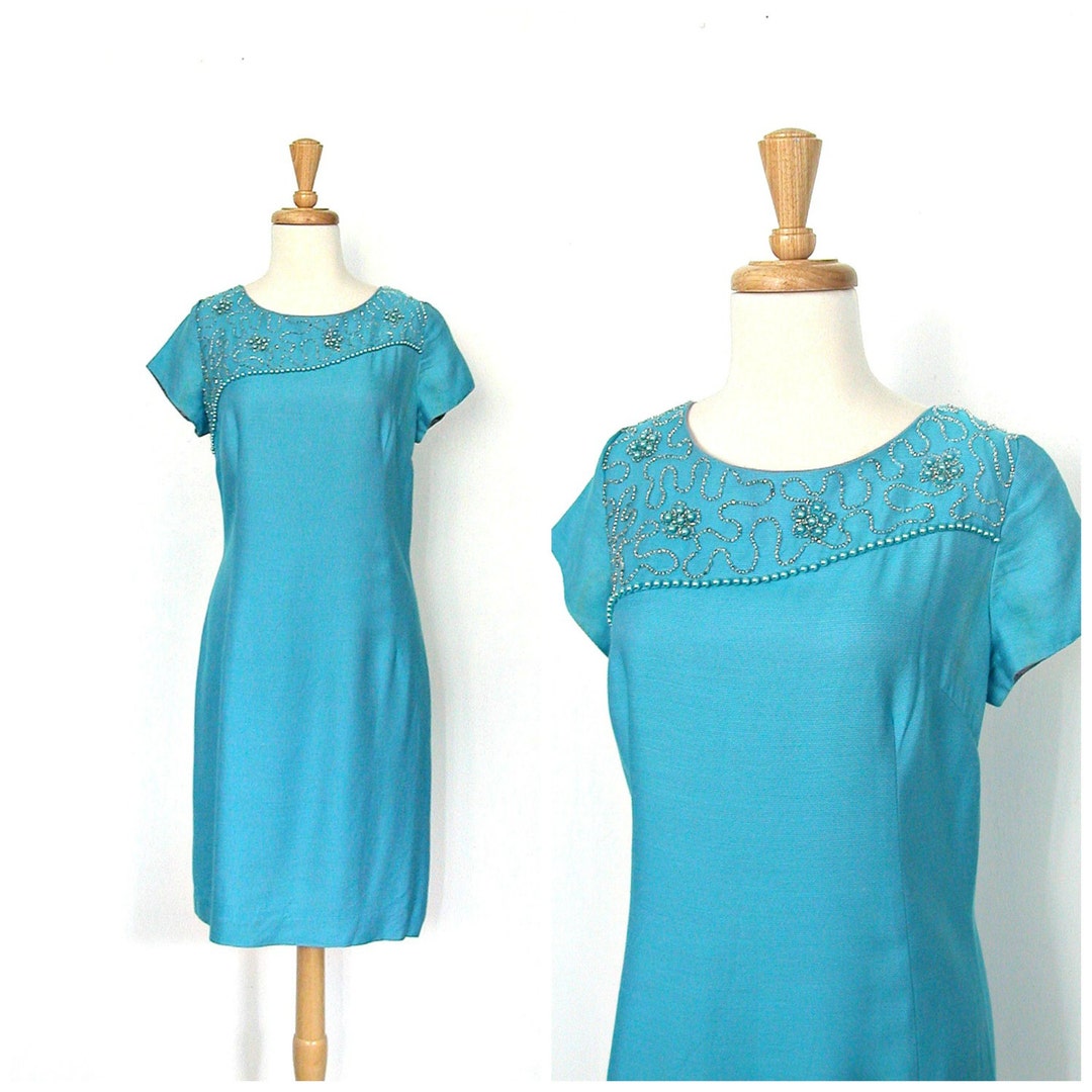 Vintage 1960s Shift Dress Blue Beaded Short Sleeve Mod - Etsy