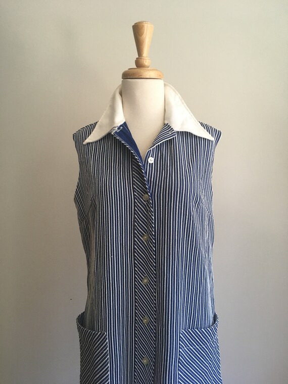 Vintage 70s Blue & White Shift Dress - shirtdress… - image 2