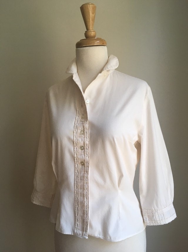 Vintage Cream Button Down Blouse 60s Cotton Shirt Academia Pintuck S M ...