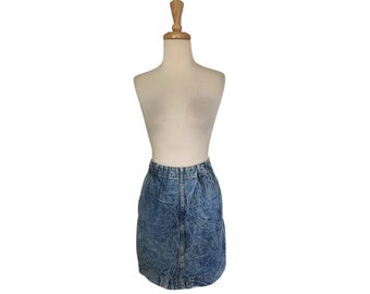 Vintage Denim Mini Skirt - acid wash - blue denim - high waist - women's jean skirts - Small