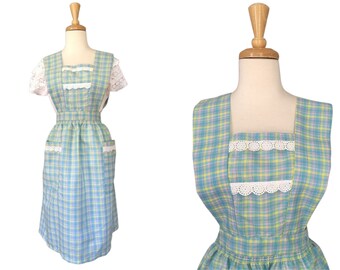 Vintage Pinafore Dress - apron dress - plaid - jumper - cottage core - M L